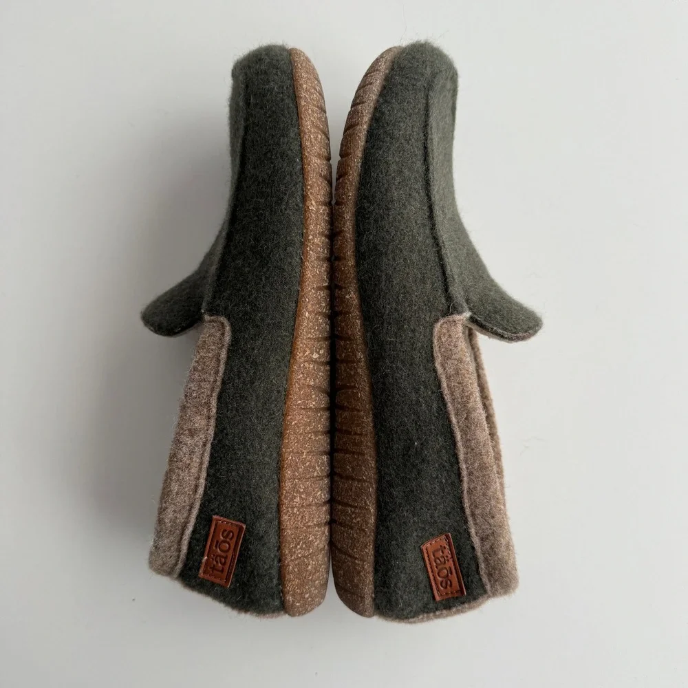 Taos Woolfer Olive Boiled Wool Faux Shearling  Rubber Soled Slippers‎ m 8 w 11